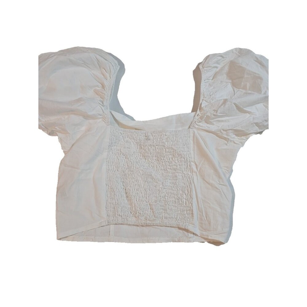 Sim & Sam Crop Top smocked White Ruffle Layered Cotton Short Puff Sleeve Size XL - Picture 15 of 16